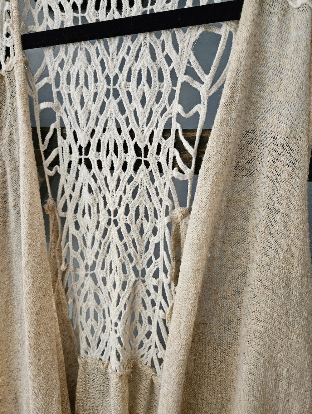 Beige Crochet Back Open Front Duster Vest Size L-XL - Picture 2 of 7